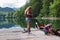Mom and daughter preparing for boating on Biograd lake. Biogradska Gora national park. Montenegro, Europa