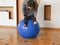 Mom does body exercises at home with her baby. Using a fitness ball