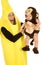 Mom dressed as banana with monkey baby hold out