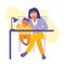 Mom helps her little son to do homework, the child learns to write, vector flat illustration