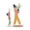 Mom and her kid carry house plants in pots, side view. Home family activity, growing plants together cartoon flat vector