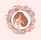Mom hugs baby on pink background with flowers wreath. Happy motherhood, parental care and love concept. Invitations and greeting