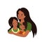 Mom hugs daughter and son. Happy mother day. Woman takes care of boy and girl. Cheerful people with black hair and dark