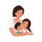 Mom hugs her son and daughter. Happy family day. Mother love for children. International maternity day, women day