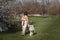 Mom hugs kisses daughter in the lush spring garden