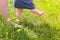 Mom learning baby girl to walk, first steps in park barefooted legs closeup.