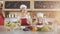 Mom and little daughter in the kitchen dressed as a professional cooks looking into the camera and smiling. They holds a