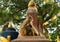 Mom monkey feeds and guards a small cub, sitting on a stone column.