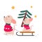 Mom Mouse Sledding her Baby with Spruce Tree, Xmas Animal Cartoon Character, Merry Christmas and Happy New Year Vector