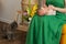 Mom and newbornbaby at home. Pet at home. Green dress colour