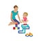 Mom plays with child, helping assemble constructor, playing in machines.