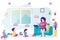 Mom reads book to children. Mother is sitting in chair, boy and girl are sitting on floor. Children`s room interior. Cute kids