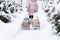 Mom rides little daughters on sled. Beautiful stylish sledding girls, sisters in winter snowy yard, park, forest. Hat, coat, scarf
