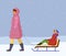 Mom rolls her daughter on a sled. Warm winter clothes, down jacket, boots, hat, hood. Flat image