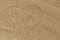 Mom`s, Dad`s and child`s handprints trace on the sand in heart.