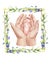 Mom\\\'s hands with a baby\\\'s leg in a golden frame with spring flowers.