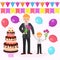 Mom s happy birthday. Family party. Vector flat cartoon illustration of father and son with flowers for mother, colored