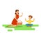 Mom And Son Having Picnic, Happy Family Having Good Time Together Illustration