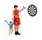 Mom and son at home. Vector illustrations mother play darts with child