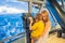 Mom and son are looking at Kuala lumpur cityscape. Use binoculars. Panoramic view of Kuala Lumpur city skyline evening