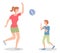 Mom and son play the ball. Beach volleyball. Family outdoor activity. Flat illustration on white