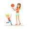 Mom And Son Playing Basketball, Loving Mother Enjoying Good Quality Mommy Time With Happy Kid