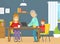 Mom and Son Sitting at Table Drinking Tea, Grandma Holding Laptop Computer, Happy Family Spending Time at Home Cartoon