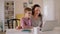 Mom and son talk with dad using laptop. Spbas internet online communication. video call.