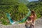 Mom and son tourists on the background River bend, Montenegro,.natural landscape, mountain river Tara