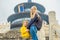 Mom and son travelers in the Temple of Heaven in Beijing. One of the main attractions of Beijing. Traveling with family