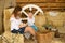 Mom with son in Ukrainian embroidered shirts, sit on hayloft, play with chickens on Easter holidays