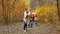 Mom swings children on a rope swing. Happy family in nature in autumn. two beautiful girls are happy and laugh. colorful yellow