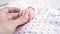Mom takes newborn baby by the hand and strokes on tender little fingers