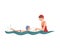 Mom Teaching her Little Son to Swim in Swimming Pool Vector Illustration