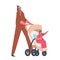 Mom and Toddler in Pram on Walk. Baby Sit in Carriage. Mother Walking with Kid in Stroller. Family Characters Promenade