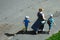 Mom with two young sons walks along the embankment in Yaroslavl, Russia