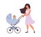 Mom walks with the baby in a stroller. The concept of motherhood, child care, active recreation of a woman with a