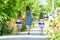 Mom walks down the path in the flowering garden by the hand with her two daughters back in the frame