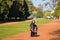 Mom walks with a stroller. A young mother enjoys the gardens when her little child is resting in her pram