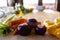 Moments of daily life in the Mediterranean cookery: low angle view of carrots, celery, peppers, onions in foreground on light