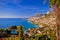 Monaco cityscape and coastline colorful nature of Cote d`Azur view