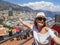 Monaco, France â€“ July 24, 2017: Tourist girl having fun on the double-decker bus (tour open topped bus) in the Monaco.