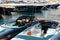 Monaco, Monte Carlo, 28 September 2022 - Riva boats in a row and a lot of luxury mega yachts at the famous motorboat