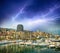 Monaco Montecarlo cityscape, principality harbor view. Skyscrapers and marina. Azure coast. France, Europe.