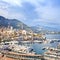 Monaco Montecarlo principality aerial harbor view. Azure coast. France