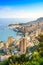 Monaco Montecarlo principality aerial view. Azure coast. France