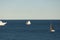 Monaco, vintage sail yacht and huge cruise liner are in sea at sunset, huge motor ship, wealth life of billionaires