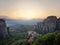 Monasteries on the rocks and beautiful sunset, Meteora, Greece