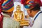 A monastery altar with deities of Padmasambhava, Buddha and Mait