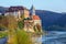 Monastery Duernstein on the river Danube in the Wachau valley. Lower Austria